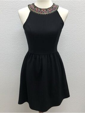 EUC Soprano Black Halter Mini Dress with Multicolor Beaded Collar